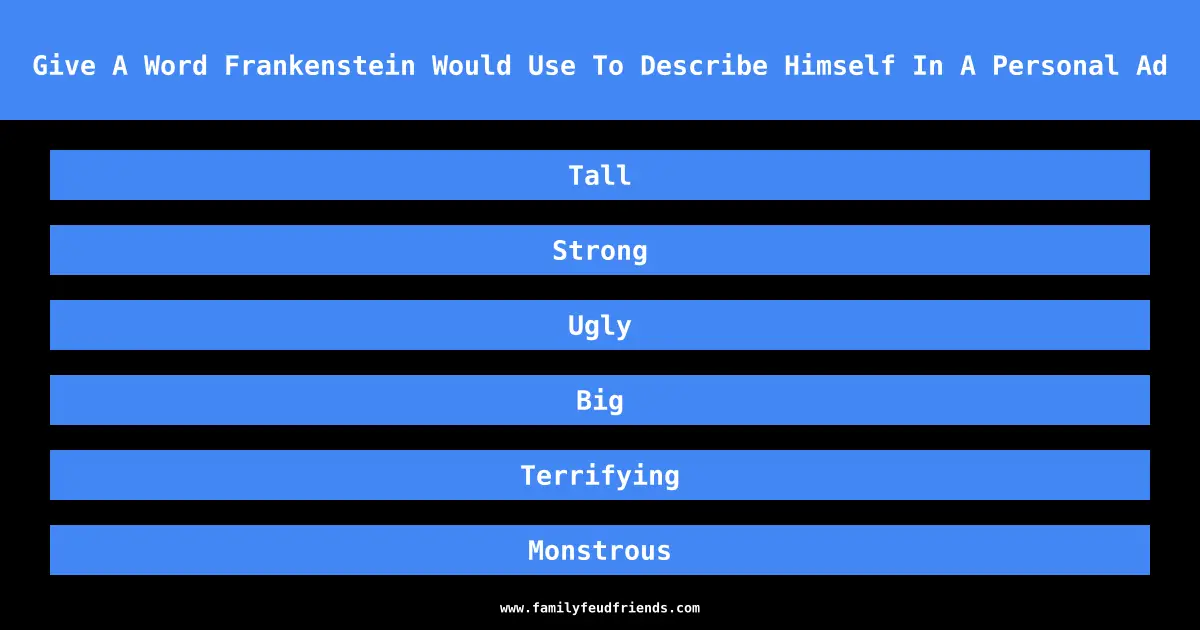 Give A Word Frankenstein Would Use To Describe Himself In A Personal Ad answer