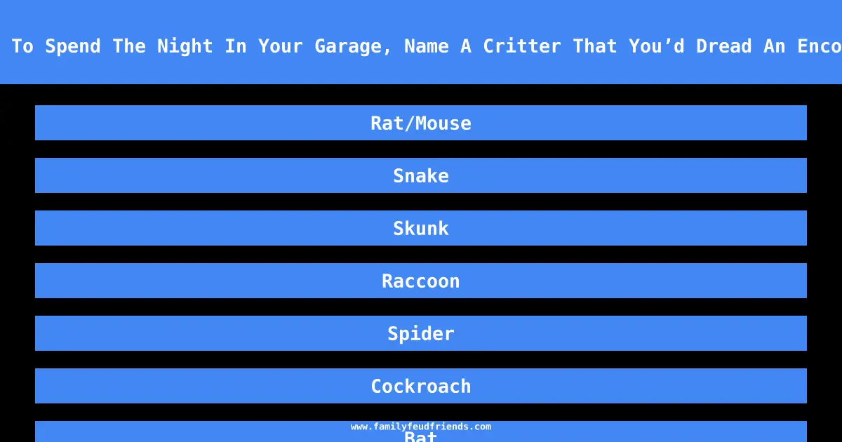 If You Had To Spend The Night In Your Garage, Name A Critter That You’d Dread An Encounter With answer