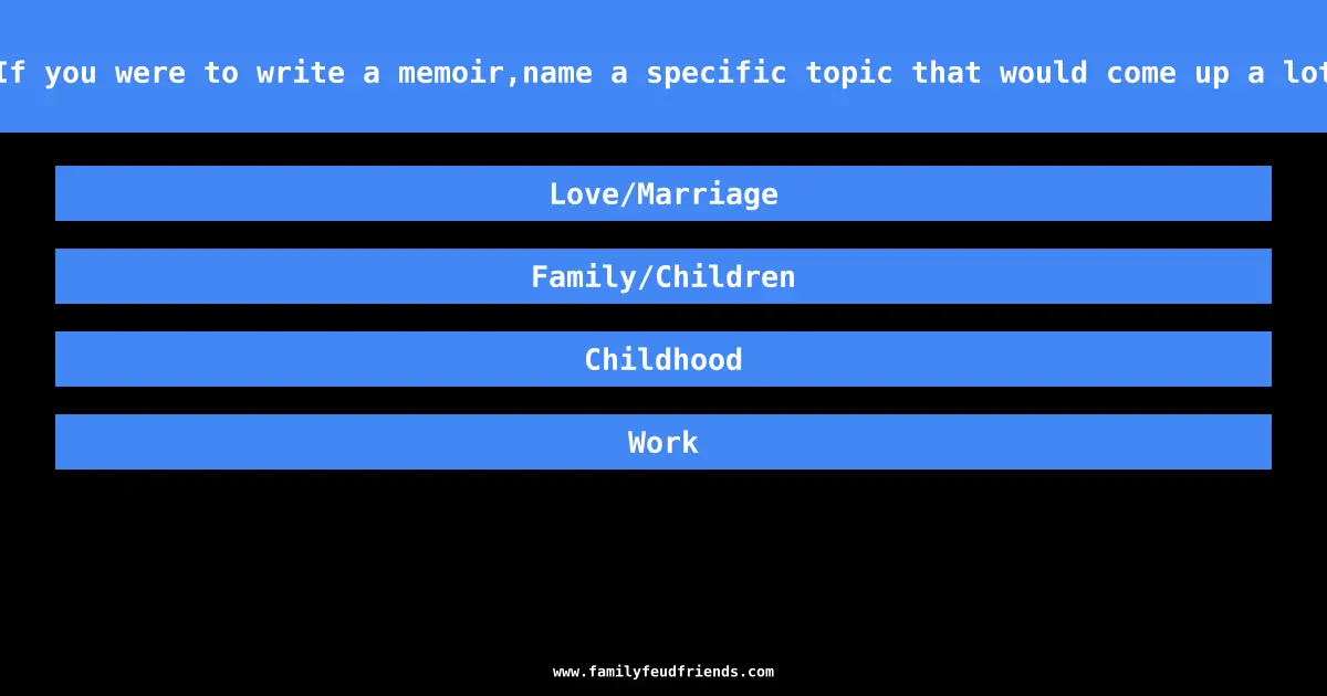 If you were to write a memoir,name a specific topic that would come up a lot answer