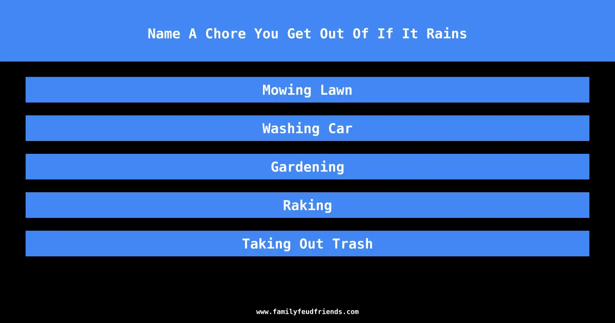 Name A Chore You Get Out Of If It Rains answer