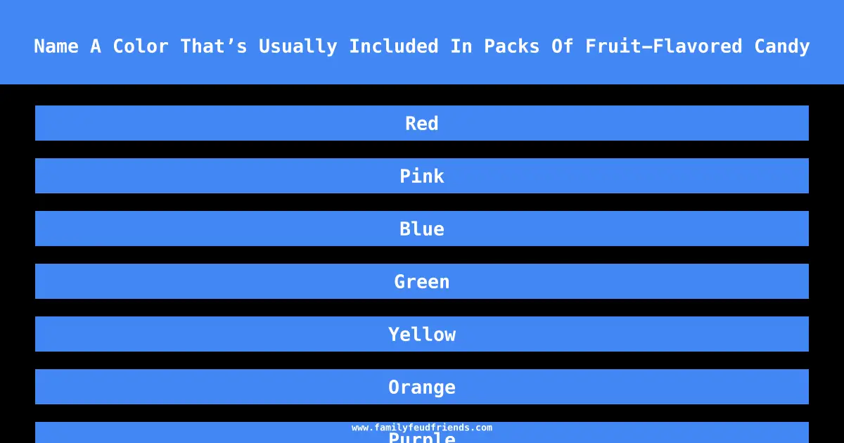 Name A Color That’s Usually Included In Packs Of Fruit-Flavored Candy answer