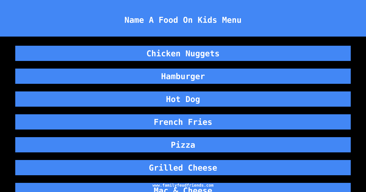 Name A Food On Kids Menu answer