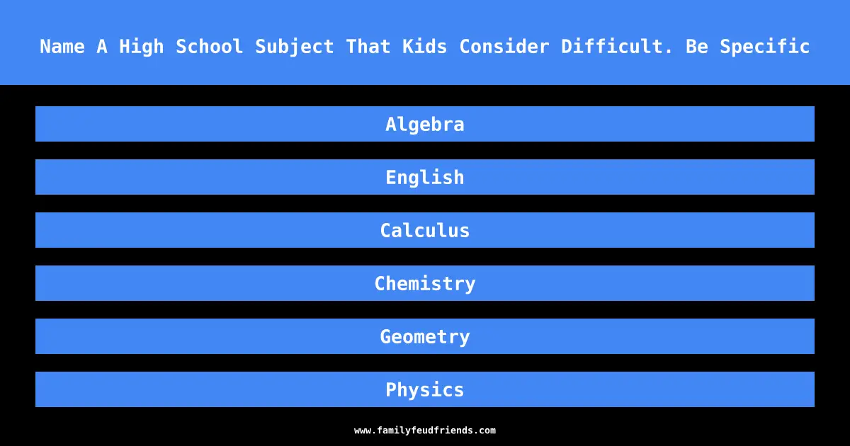Name A High School Subject That Kids Consider Difficult. Be Specific answer