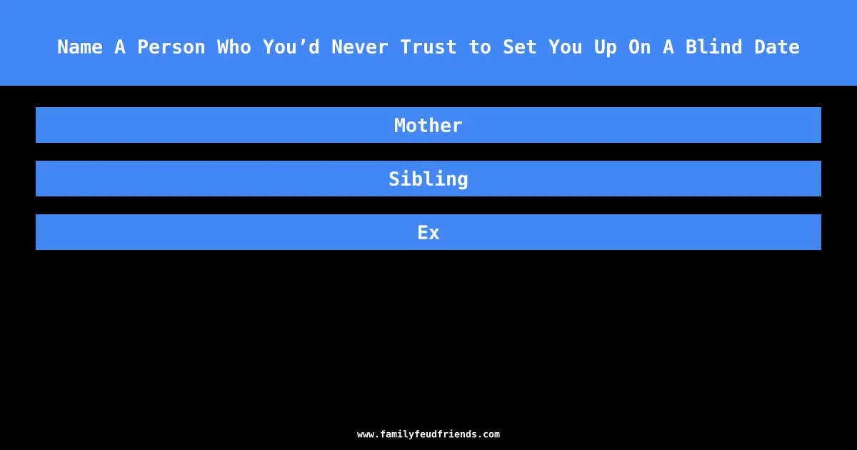 Name A Person Who You’d Never Trust to Set You Up On A Blind Date answer