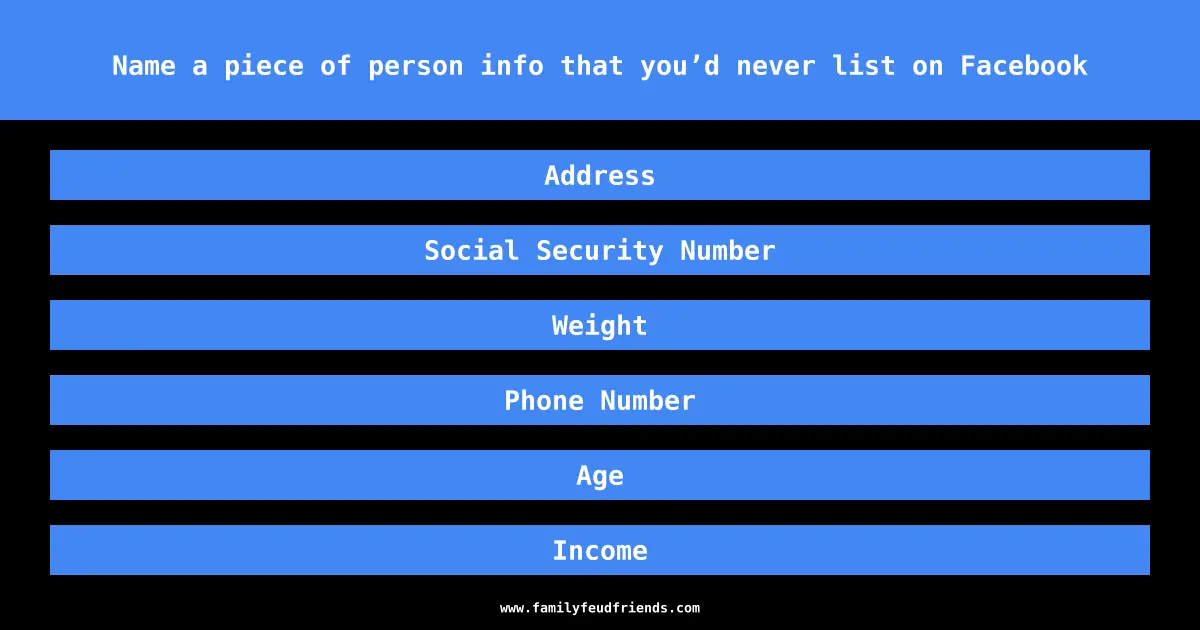 Name a piece of person info that you’d never list on Facebook answer