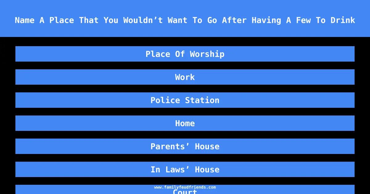 Name A Place That You Wouldn’t Want To Go After Having A Few To Drink answer
