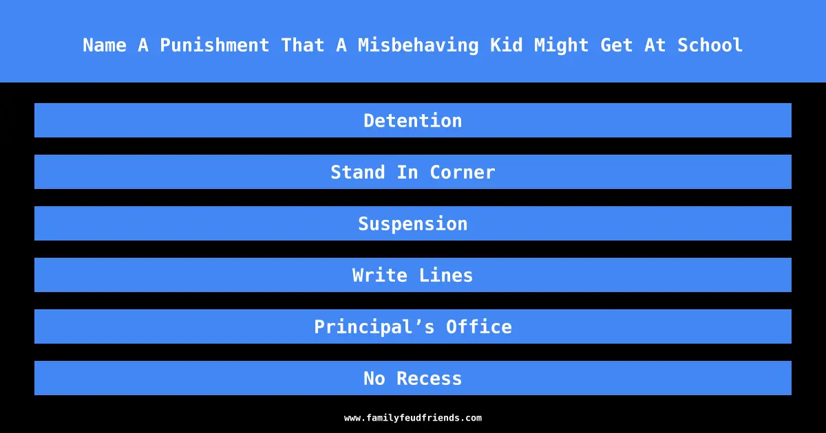 Name A Punishment That A Misbehaving Kid Might Get At School answer