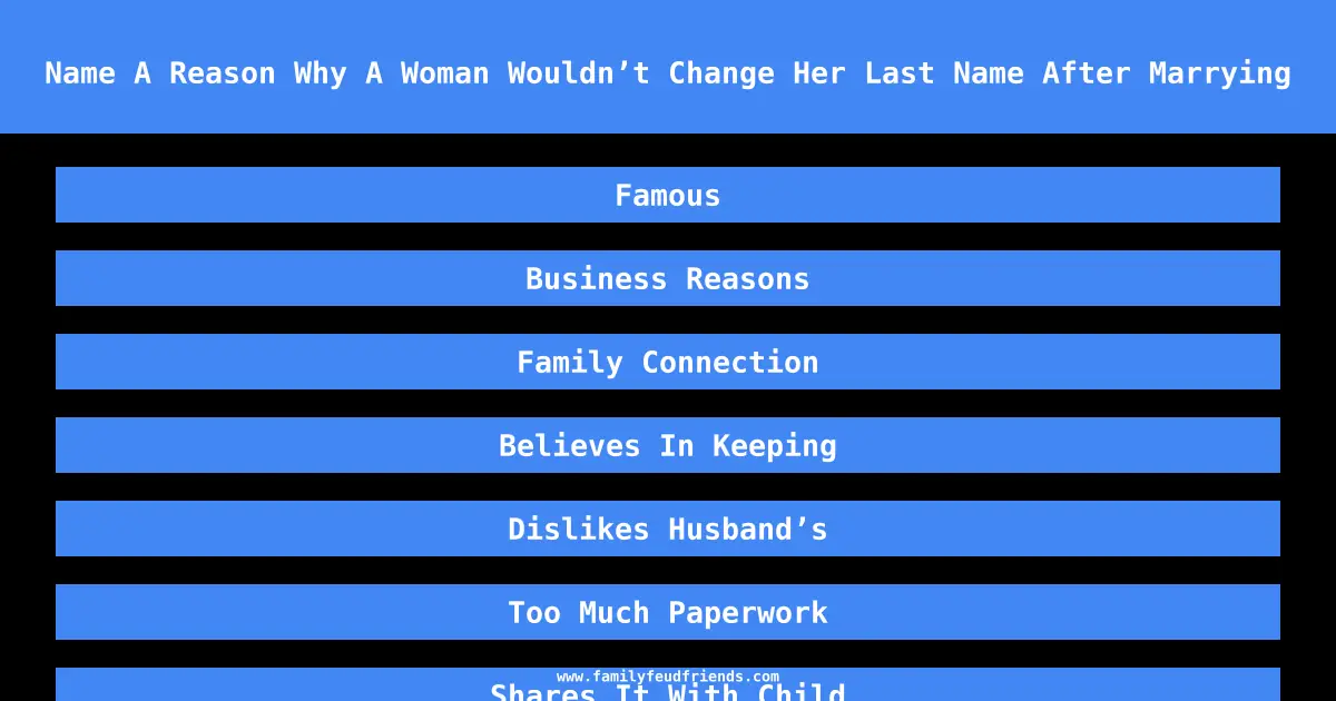 Name A Reason Why A Woman Wouldn’t Change Her Last Name After Marrying answer