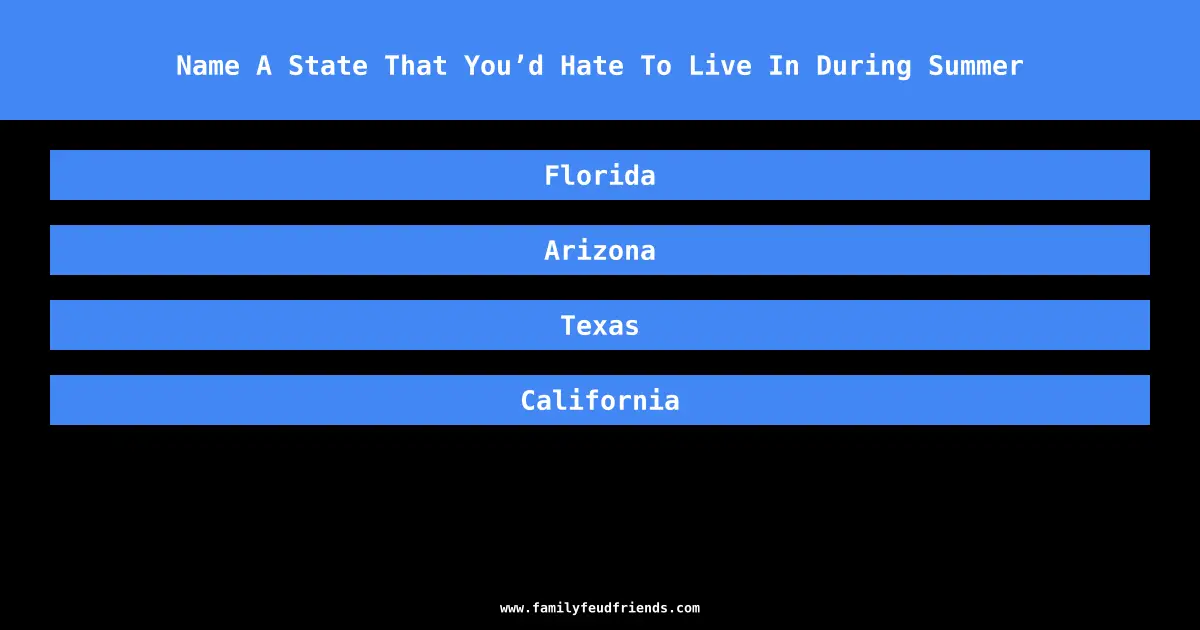 Name A State That You’d Hate To Live In During Summer answer