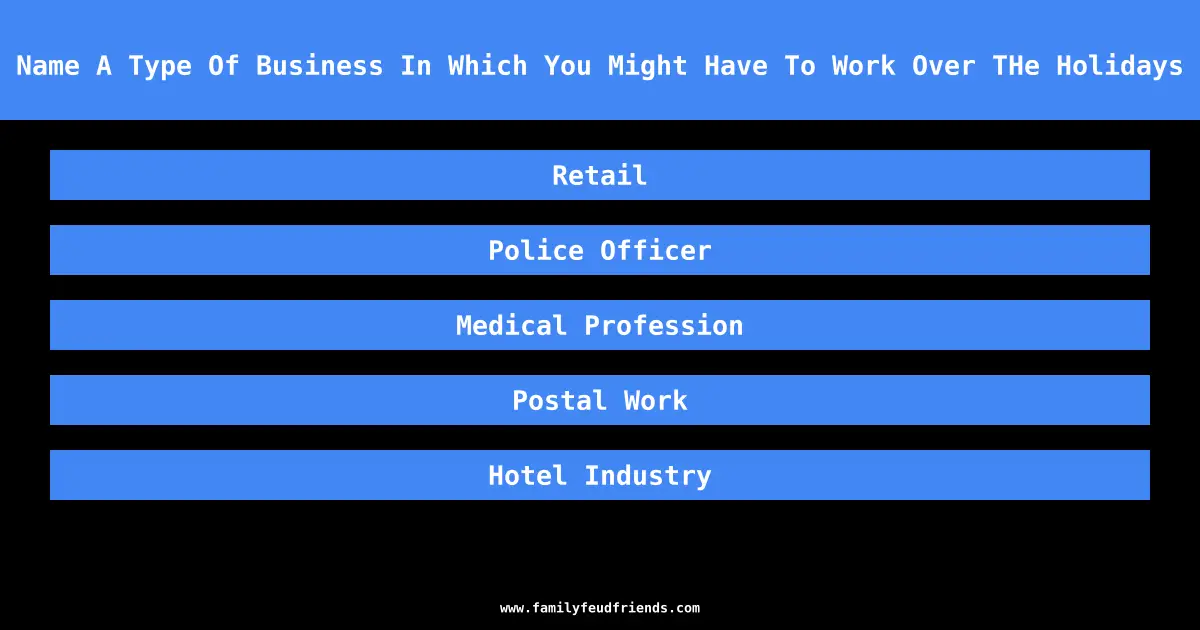 Name A Type Of Business In Which You Might Have To Work Over THe Holidays answer