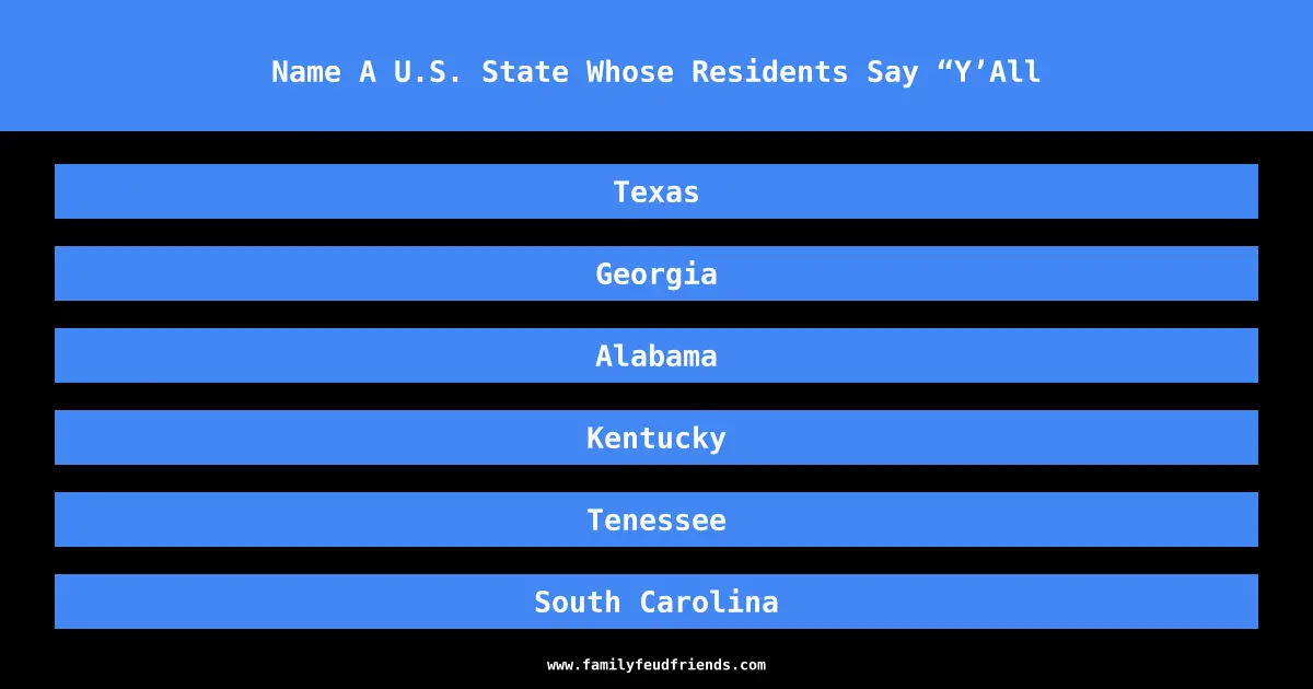 Name A U.S. State Whose Residents Say “Y’All answer