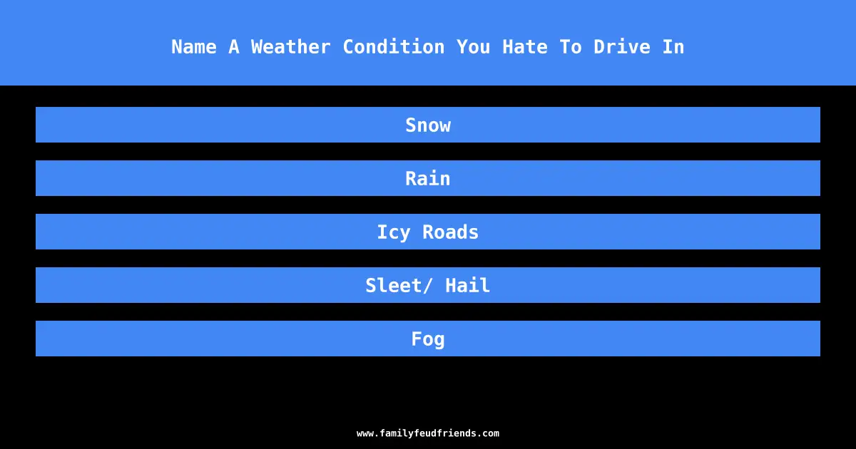 Name A Weather Condition You Hate To Drive In answer
