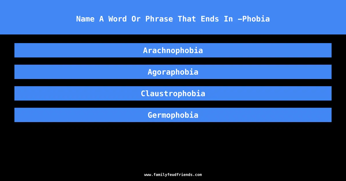 Name A Word Or Phrase That Ends In -Phobia answer