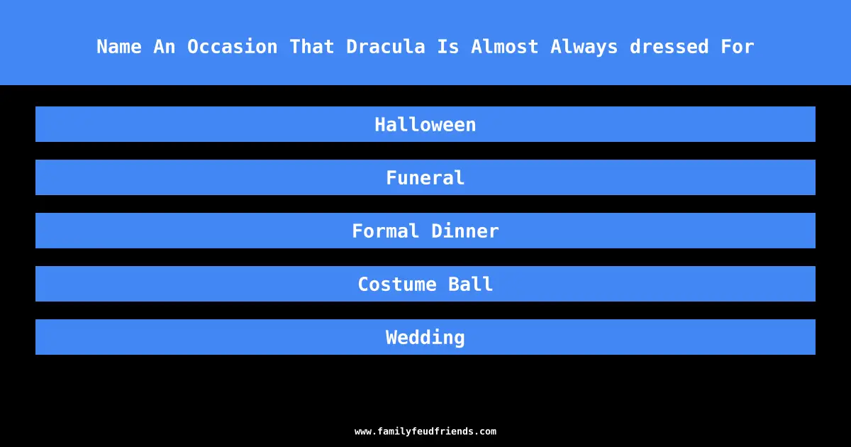 Name An Occasion That Dracula Is Almost Always dressed For answer
