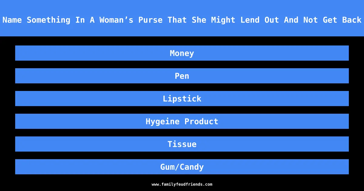 Name Something In A Woman’s Purse That She Might Lend Out And Not Get Back answer