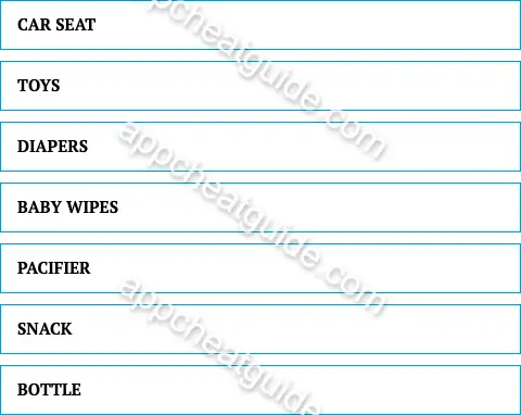 Name something parents keep in the car for their baby. screenshot answer