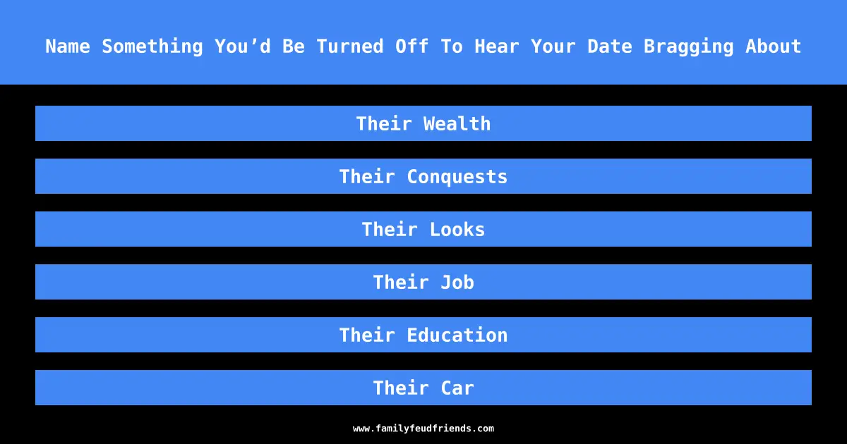 Name Something You’d Be Turned Off To Hear Your Date Bragging About answer