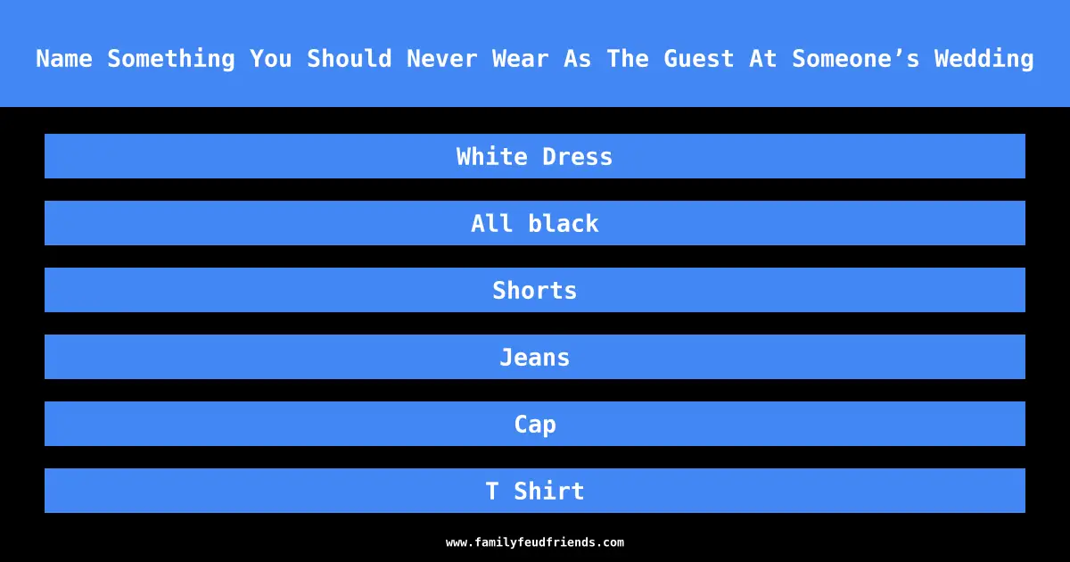 Name Something You Should Never Wear As The Guest At Someone’s Wedding answer