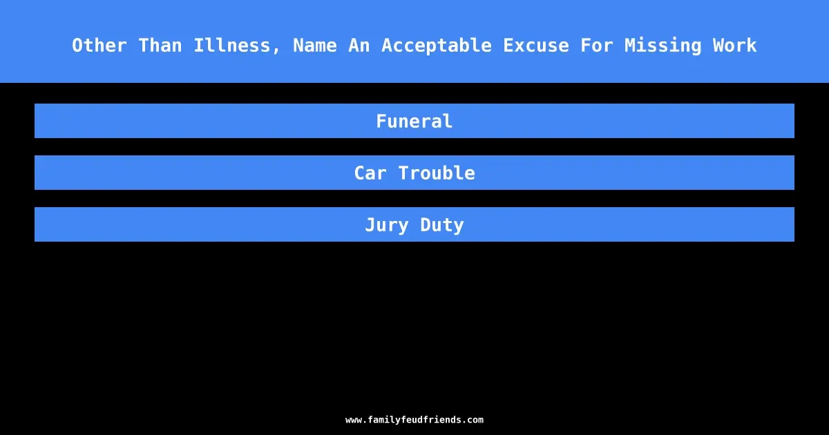 Other Than Illness, Name An Acceptable Excuse For Missing Work answer