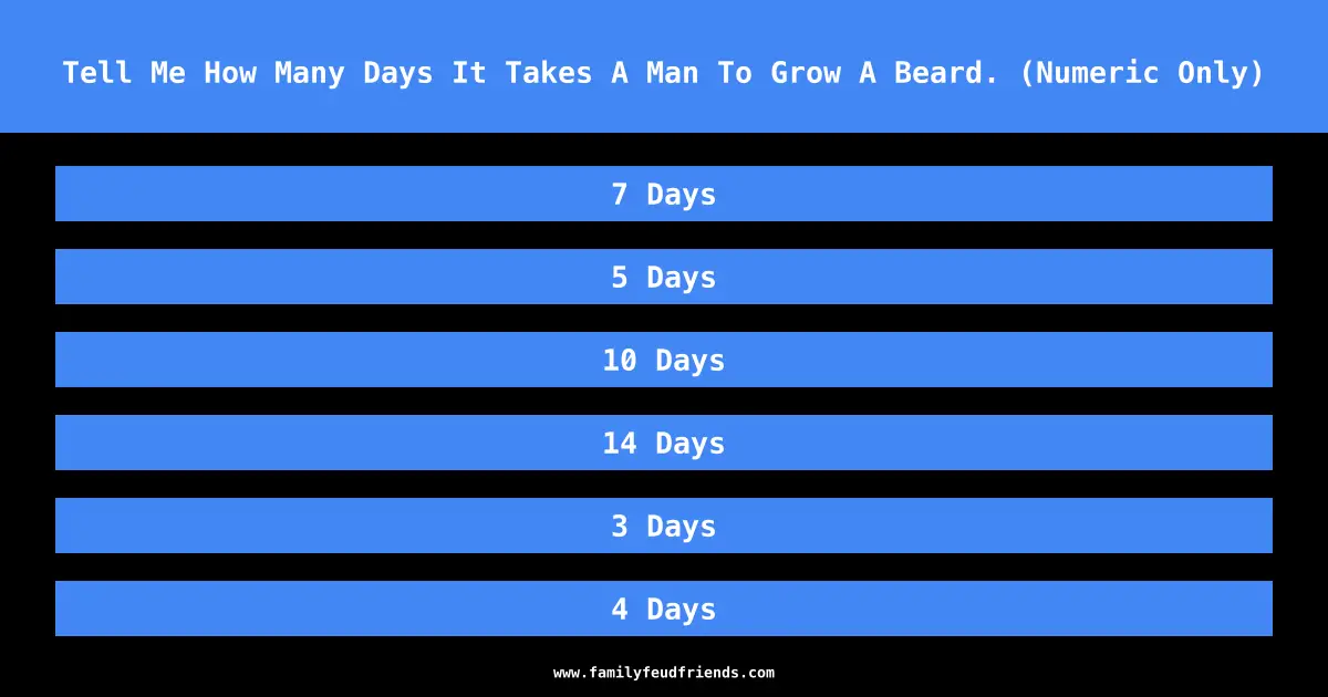 Tell Me How Many Days It Takes A Man To Grow A Beard. (Numeric Only) answer