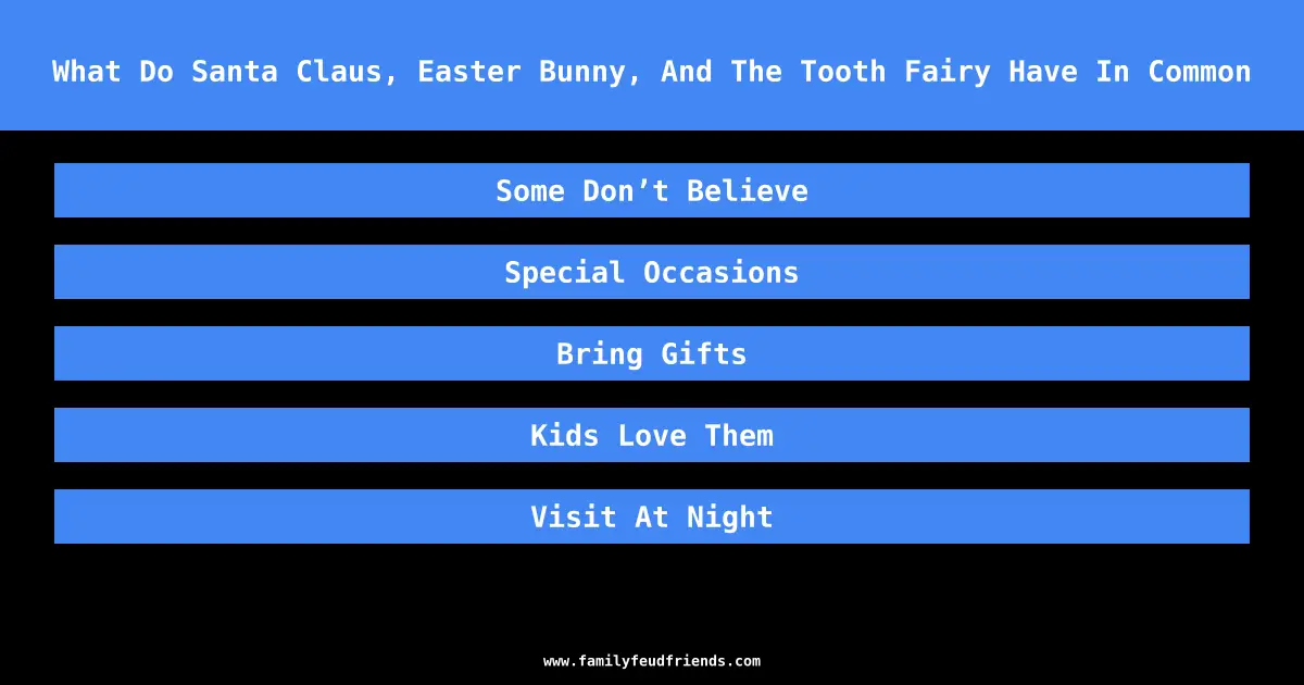 What Do Santa Claus, Easter Bunny, And The Tooth Fairy Have In Common answer